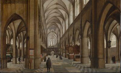 Interieur van een gotische kathedraal, olieverf op paneel