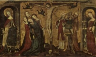 Brugs (?) Meester, Calvarie met de Heilige Catharina en Barbara