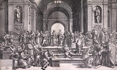 Giorgio Ghisi naar Rafaël, De School van Athene (naar het fresco in het Vaticaan), burijngravure op twee platen, Hiëronymus Cock, Antwerpen, 1550