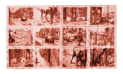 Michaël Matthys, La Ville Rouge, 2005, ossenbloed op polyester, 184 x 375 cm