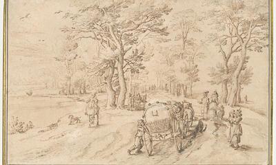 Jan Brueghel, Een reiswagen op een landweg, tekening