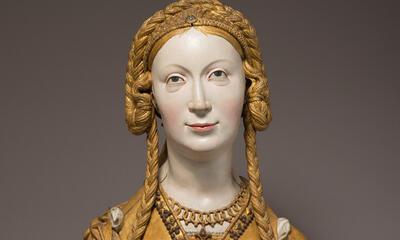 Pasquier of Jan II Borman (?), Reliekbuste van een vrouwelijke heilige, circa 1520–1530, gepolychromeerd en verguld eikenhout, 42,4 x 32,4, 15,9 cm