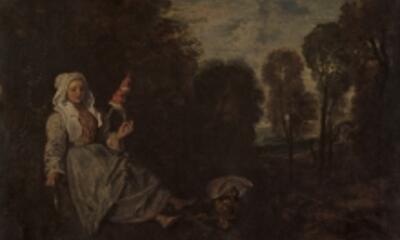 Jean Antoine Watteau - Avondlandschap met spinster