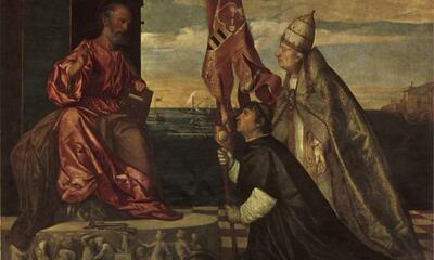 Titiaan Vecellio, Jacopo Pesaro door paus Alexander VI aan de H. Petrus voorgesteld, Doek, 145 x 184 cm, Koninklijk Museum voor Schone Kunsten, Antwerpen