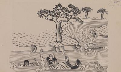 Gustave Van de Woestyne, illustratie bij bewerking van Van den Vos Reynaerde door Stijn Streuvels, pen in Oost-Indische inkt op papier, annotatie in potlood en kleurpotlood , 232 x 298 mm