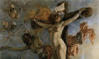 KMSKB Brussel, Spannend symbolisme, Félicien Rops, De verzoeking van de Heilige Antonius, 1878, kleurpotlood op papier,