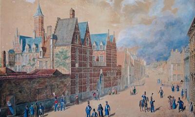 Anoniem, Hof van Busleyden gezien vanuit de Koestraat (Merodestraat), eerste helft 19de eeuw, waterverf op papier, 420 x 520 mm