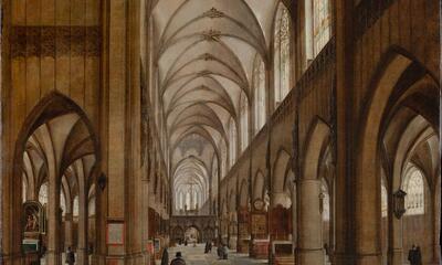 Interieur van een gotische kathedraal, olieverf op paneel