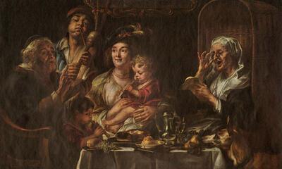 Jacob Jordaens, Soo d'oude songen, soo pepen de jonge, Olieverfschildering op doek,