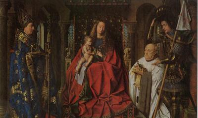 Jan van Eyck Madonna met Kanunnik Joris van der Paele, Paneel, 