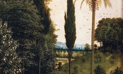 Landschap Gebroeders van Eyck, Open retabel van het Lam Gods: De pelgrims, olieverf op paneel Sint-Baafskathedraal, Gent Lukas - Art in Flanders,