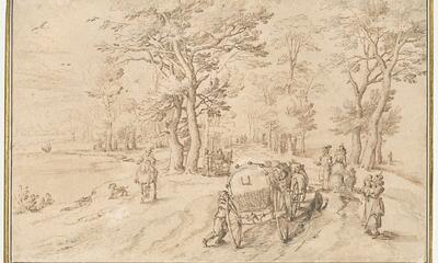 Een reiswagen op een landweg, tekening, Jan Brueghel de Oude