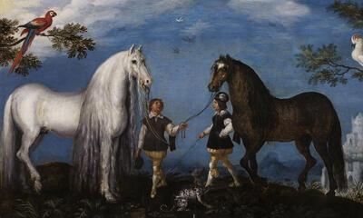 Roelandt Savery, Twee paarden en palfreniers, 1628, olieverf op paneel, 