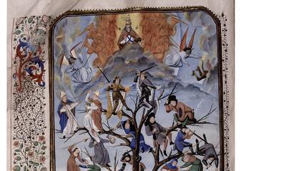 Miniatuur, Brussel, KBR, ms. 9079, Honoré Bovet, Arbre des batailles, f. 10v. Strijd van de sociale klassen in een symbolische boom