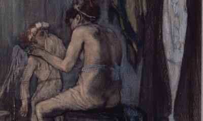 Félicien Rops, Vénus et Cupidon ou L'Amour mouché. Série des Cent légers croquis, pastel, gouache sur dessin à la pierre noire, 21,8 x 14,8 cm. FR en bas à droite. 