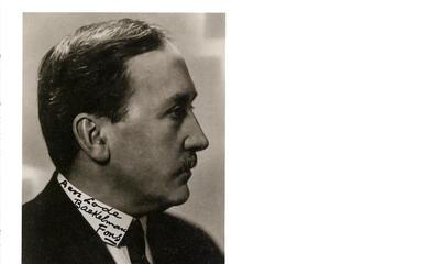 Willem Elsschot, ca 1934, in de kraag van zijn hand geschreven: Aan Lode Baekelmans, Fons