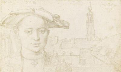 Albrecht Dürer, Portret van een 24-jarige jongeman en een zicht op de Sint-Michielsabdij te Antwerpen, 1520