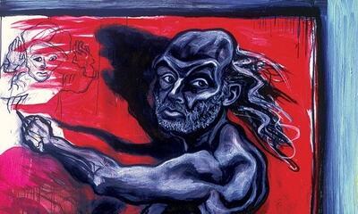 Charles Szymkowicz, Autoportrait avec l’art contemporain, 2004, acrylique sur toile, 205 × 180 cm.