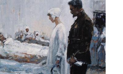 Alfred Bastien, Koningin Elisabeth en dr. Antoine Depage in het militair hospitaal van Vinkem, 1918, olieverf op hout, OCMW,