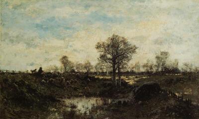 Adrien joseph Heymans (1839 -1921), Heidelandschap met herder, waakhond en kudde schapen bij drinkplaats, olieverf op paneel, Kalmthout,