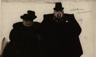 Welstellende Menschen. Initialen bovenaan rechts : 'Lsp' Niet gedateerd. Datering ca. 1910 . Opschrift: Bovenaan rechts, met potlood: Welstellende/Menschen', Potlood, penseel en gewassen Oost-Indische inkt op papier, Léon Spilliaert,