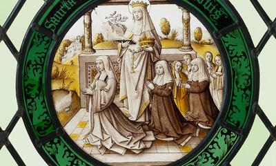 Jan Rombouts (of atelier), Schenkster met zes dochters en de heilige Elisabeth van Hongarije, ca. 1520, glasraam M - Museum Leuven