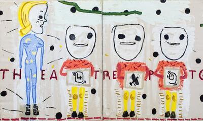 Rose Wylie, Theatre Painting (Black Spots), 2015, oil on canvas.