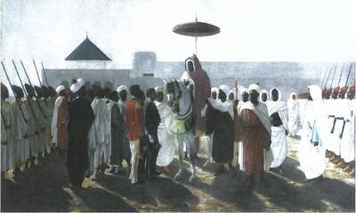 Ambassade, Félix Augustin Milius, Réception solenelle du Consul Général de Belgique Mr. Daluin, par l'Empereur du Maroc à Rabat, Ie 2 décembre 1865, 1865, H 110 x B 140cm (zl),  H 140 x B I 70 cm (ml), olie op doek. RABAT RESIDENTIE 