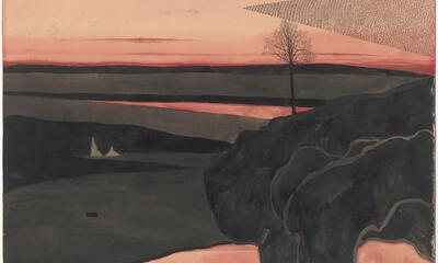 Léon Spilliaert, Landschap in rode avondgloed met trekvogels