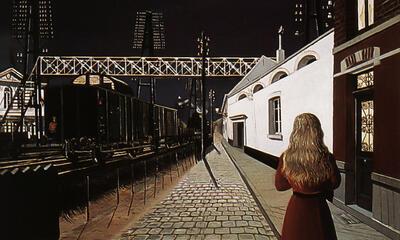 Paul Delvaux. "Solitude"( 1955). 0lieverf op paneel, 99,5 x 124cm. Collectie van de Belgische Staat, inv. 7806. 