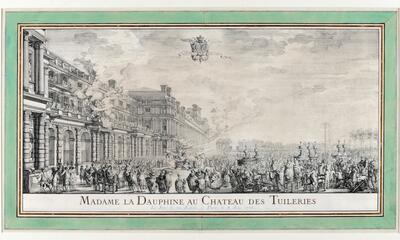 Officieel erkend topstuk, Louis-Jean Desprez, Madame la Dauphine au Château des Tuileries le jour de son entrée à Paris, le 8 juin 1773, Merghelynck Museum
