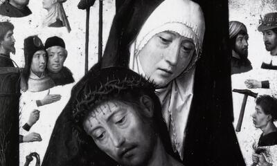 Hans Memling, Onze-Lieve-Vrouw toont de Man van Smarten. 1475. Melboume, National Gallery of Victoria.