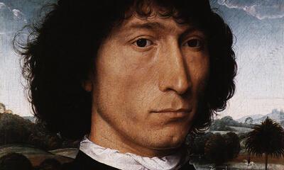 Hans Memling  (Seligenstadt ts. 1430 en  1440-Brugge 1494)  Portret van een Man met een Munt 