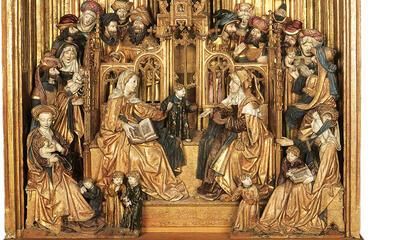 Retabel met de Maagschap van de Heilige Anna. Brussel, ca. 1500-1510, eik, oorspronkelijke vergulding en polychromie, 106 x 93,5 x 23 cm, inv. 327