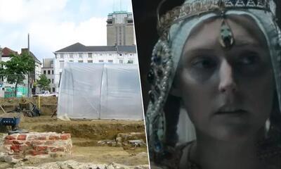 Links: archeologische opgravingen op het Sint-Pietersplein in Gent. Rechts: een actrice geeft in het televisieprogramma 'Het Verhaal van Vlaanderen' Judith Van West-Francië gestalte. 