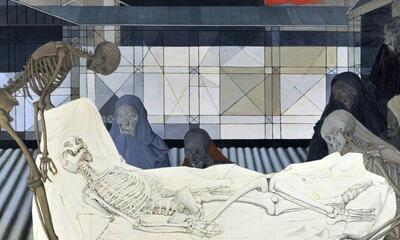 Paul Delvaux, De graflegging of Treurende skeletten bij de dode Christus, 1953