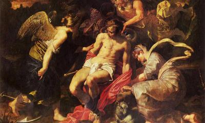 Abraham Janssens, De Mens bezwijkend  onder de Lasten van de Tijd wordt bijgestaan door Hoop en Geduld, 1609