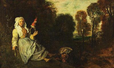Jean Antoine Watteau (1684-1721), Avondlandschap met spinster. 
