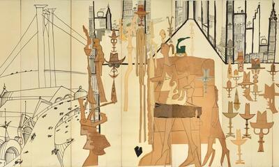 Downtown big city, 1 van de panelen van The Americans van Saul Steinberg © Foto The Saul Steinberg Foundation/Sabam/ KMSKB/Jelle Van Seghbroeck