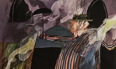 David Hockney, De idioot, Man stood in front of his house with rain descending 