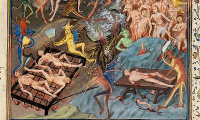 Miniatuur met voorstelling der hel, ont­leend aan Dionysius de Karthuizer, trac­taat over de vier uitersten, omstreeks 1460.