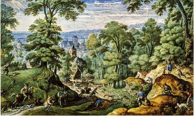 Hans Bol, Landschap met jachttaferelen, 1585
