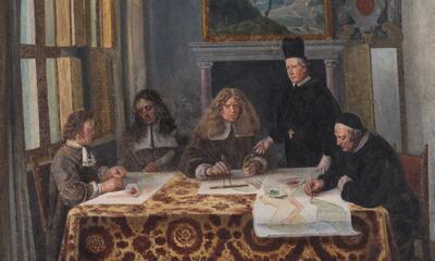 Anoniem, Portret van vier landmeters met abt Antoon De Loose van de Sint-Salvatorabdij in Ename, 1658