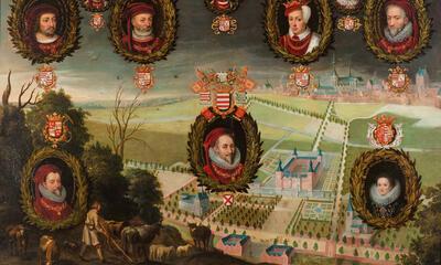 Anoniem, Ideaalbeeld van het kasteel van Heverlee met portret van Karel III van Croÿ, na 1627