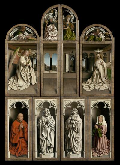 Hubert en Jan van Eyck, De Aanbidding van het Lam Gods, 1432, de gerestaureerde buitenluiken