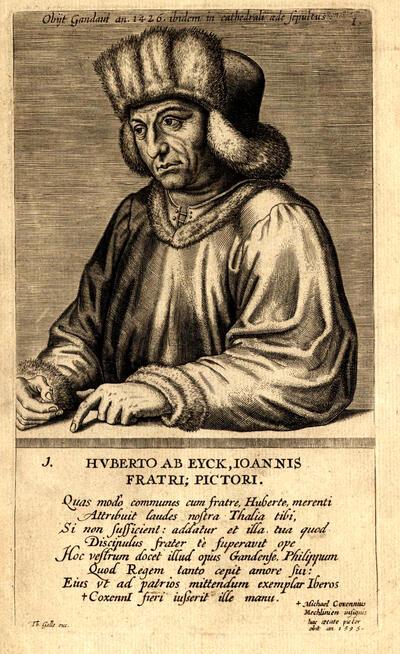 Portret van Hubert van Eyck in: Dominicus Lampsonius, Pictorum aliquot celebrium Germaniae Germaniae inferioris effigies, Antwerpen, 1572