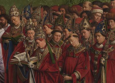 Binnenluiken: centrale paneel met De Aanbidding van het Lam Gods, detail