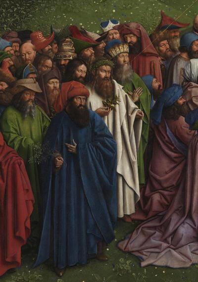 Binnenluiken: centrale paneel met De Aanbidding van het Lam Gods, detail