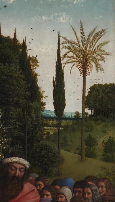 Binnenluiken: paneel met de pelgrims (detail)