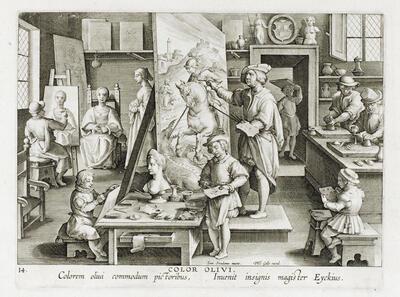 Philip Galle, naar Johannes Stradanus, De uitvinding van de olieverf, ca. 1584, gravure, 204 x 271 mm